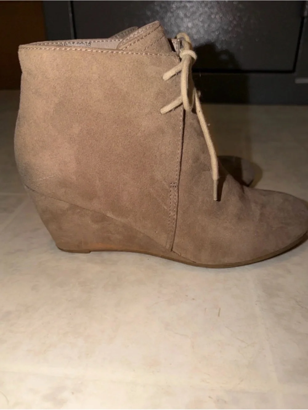 new directions Taupe Suede Lace-Up Ankle Wedge Booties